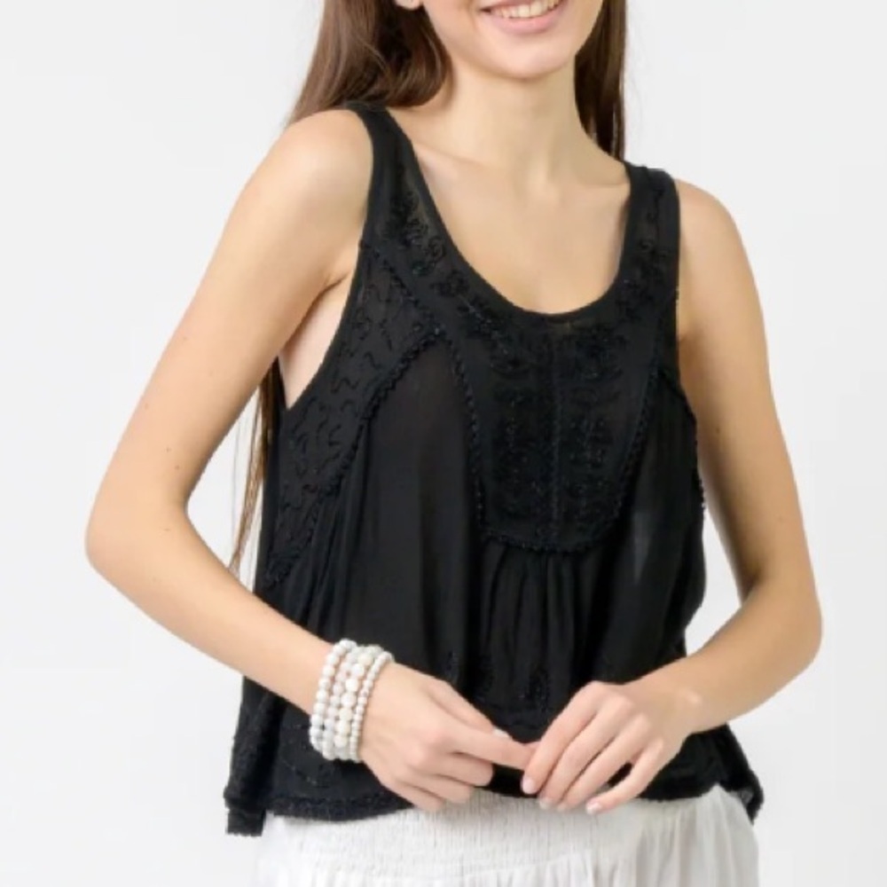 Black Embroidered Scoop Neck Camisole Top